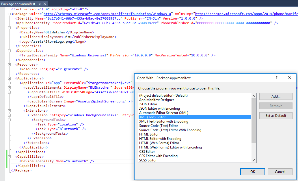 Opening the Package.appxmanifest with the XML editor