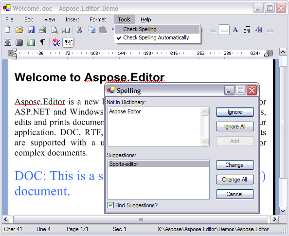Dialog spell check with Aspose Editor