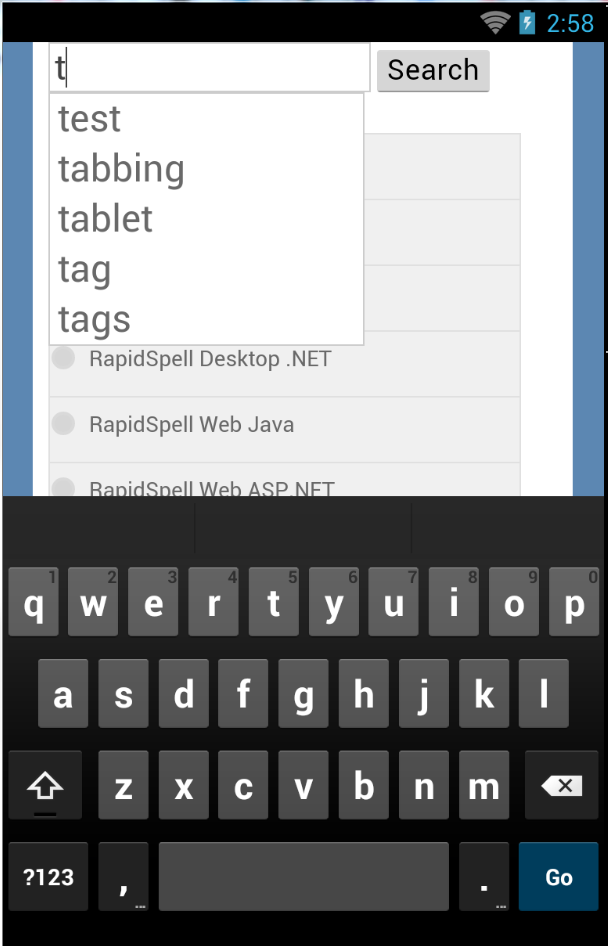 Screenshot of auto-complete search box