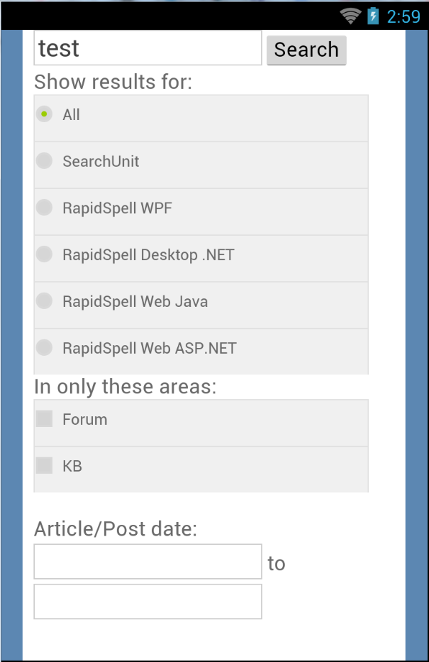 Screenshot of content selectors.